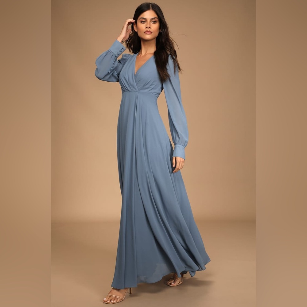 Ricarica Chiffon Maxi dress Blue V-Neck Long Sleeve Gown for Weddings